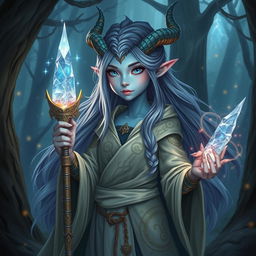 A young bluish-skinned sorceress with draconic features, such as horned ridges, scaled arms, and piercing eyes that hint at her ancient powers