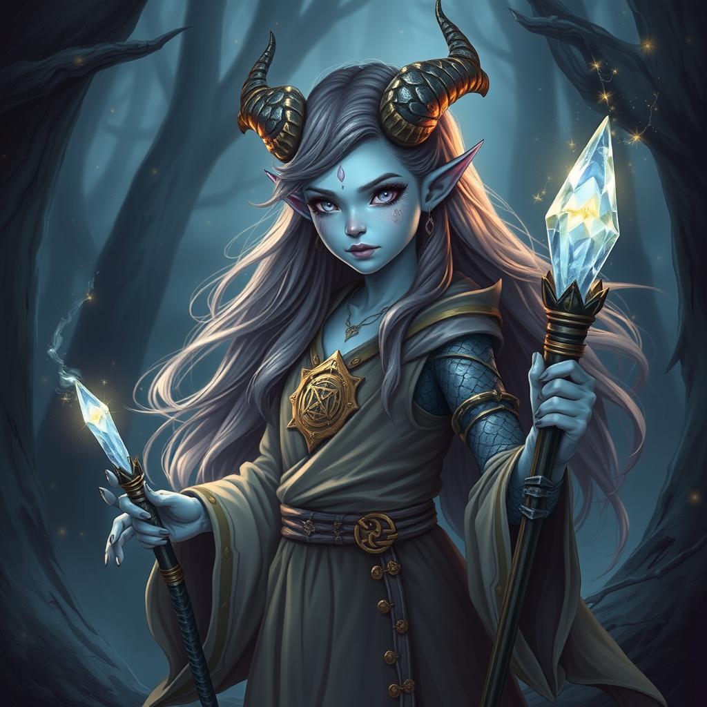 A young bluish-skinned sorceress with draconic features, such as horned ridges, scaled arms, and piercing eyes that hint at her ancient powers