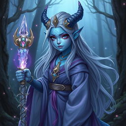 A young bluish-skinned sorceress with draconic features, such as horned ridges, scaled arms, and piercing eyes that hint at her ancient powers