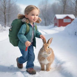 Illustration of a caring young girl named Nala with her pet rabbit and a first aid backpack, rushing to aid her distressed grandfather Otto, who is clutching his chest while holding a snow shovel outdoors.