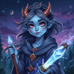 A teenage bluish-skinned sorceress with draconic features, such as small horned ridges and lightly scaled arms