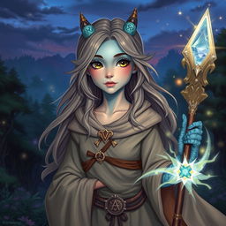 A teenage bluish-skinned sorceress with draconic features, such as small horned ridges and lightly scaled arms