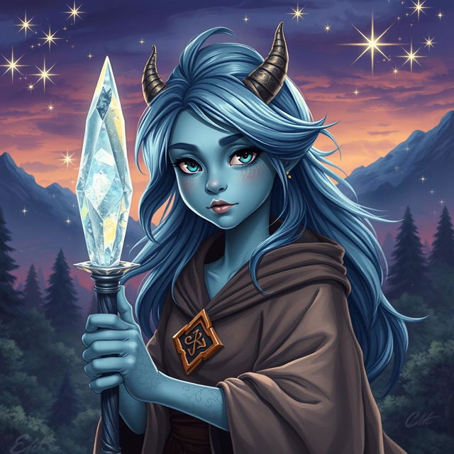 A teenage bluish-skinned sorceress with draconic features, such as small horned ridges and lightly scaled arms