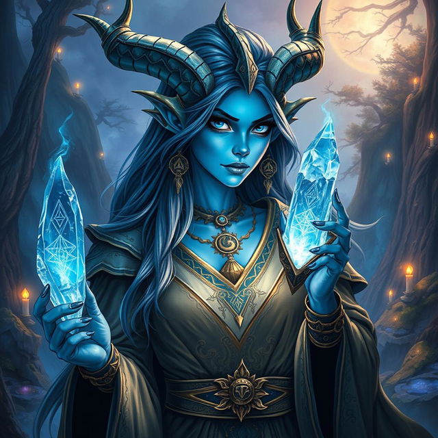 A bluish-skinned sorceress with prominent draconic features, including horned ridges, scales adorning her arms, and intense, mystical eyes