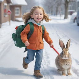 Illustration of a caring young girl named Nala with her pet rabbit and a first aid backpack, rushing to aid her distressed grandfather Otto, who is clutching his chest while holding a snow shovel outdoors.