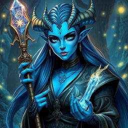 A bluish-skinned sorceress with prominent draconic features, including horned ridges, scales adorning her arms, and intense, mystical eyes