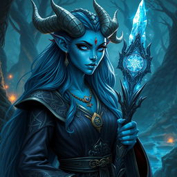 A bluish-skinned sorceress with prominent draconic features, including horned ridges, scales adorning her arms, and intense, mystical eyes