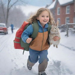 Illustration of a caring young girl named Nala with her pet rabbit and a first aid backpack, rushing to aid her distressed grandfather Otto, who is clutching his chest while holding a snow shovel outdoors.