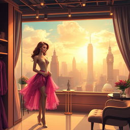 In a fantastical city where dreams seamlessly turn into reality, a stunning woman, exuding elegance and creativity, stands poised in her chic fashion studio