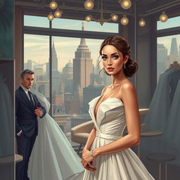 In a fantastical city where dreams seamlessly turn into reality, a stunning woman, exuding elegance and creativity, stands poised in her chic fashion studio