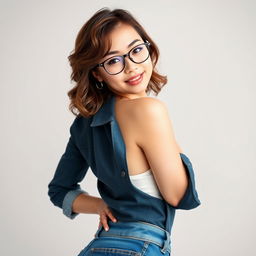 A 30-year-old Japanese woman with slightly curly brown hair, wearing stylish glasses