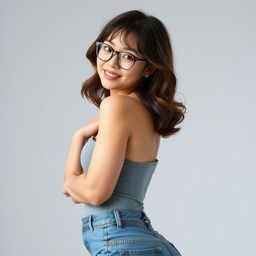 A 30-year-old Japanese woman with slightly curly brown hair, wearing stylish glasses