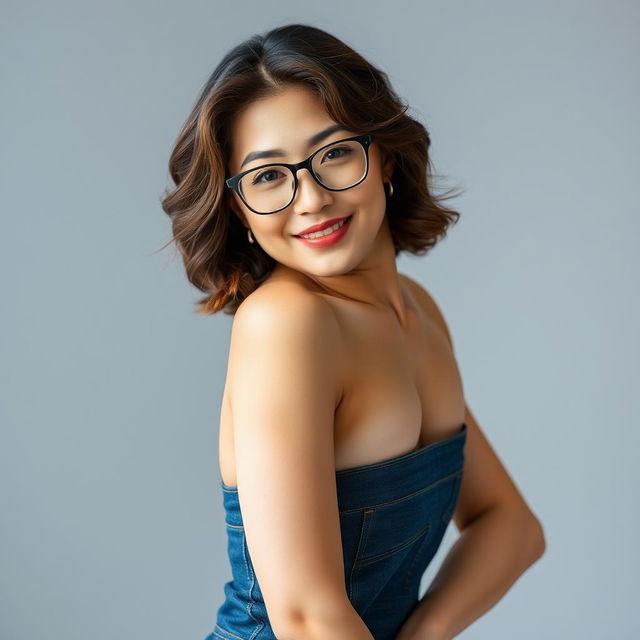 A 30-year-old Japanese woman with slightly curly brown hair, wearing stylish glasses