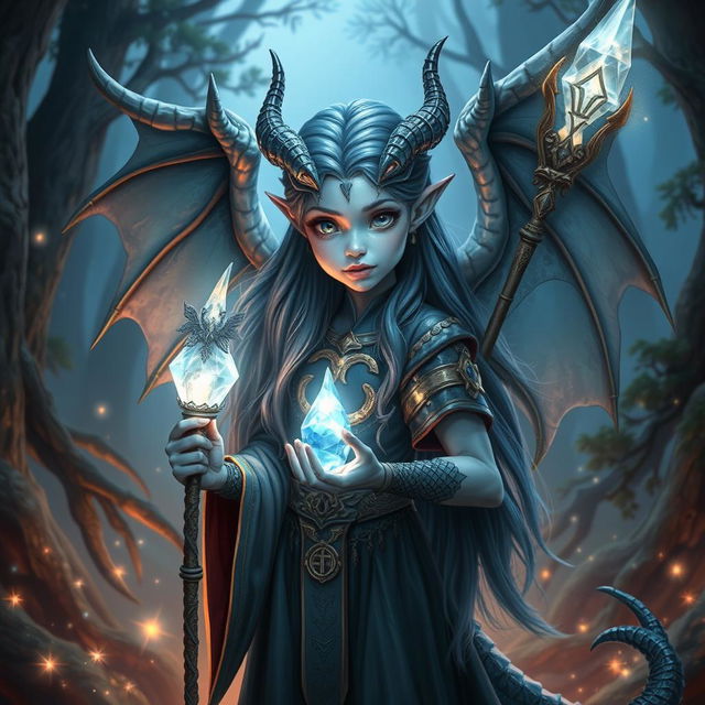 A young bluish-skinned sorceress with draconic features, such as horned ridges, scaled arms, and piercing eyes that hint at her ancient powers