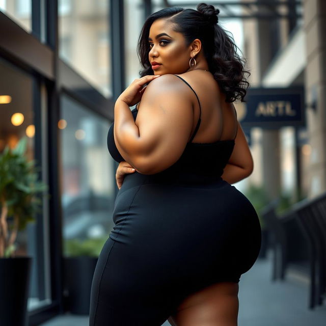 A curvaceous, voluptuous woman with an emphasis on her large, shapely backside