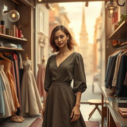 In an enchanting city where dreams are tangible, a breathtakingly beautiful woman, known for her gentle demeanor and modest elegance, stands in her fashion atelier