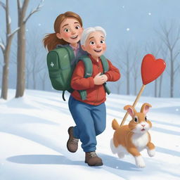 Vector illustration of a helpful girl named Nala, carrying her pet rabbit and a first aid backpack, rushing toward her grandfather Otto, outdoors with a snow shovel, showing signs of a heart attack.