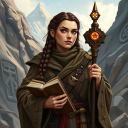 A mountain dwarf cleric with a robust build, wise demeanor, and striking brunette hair braided traditionally
