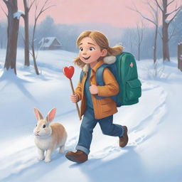 Vector illustration of a helpful girl named Nala, carrying her pet rabbit and a first aid backpack, rushing toward her grandfather Otto, outdoors with a snow shovel, showing signs of a heart attack.