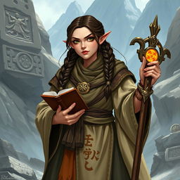 A mountain dwarf cleric with a robust build, wise demeanor, and striking brunette hair braided traditionally