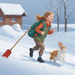 Vector illustration of a helpful girl named Nala, carrying her pet rabbit and a first aid backpack, rushing toward her grandfather Otto, outdoors with a snow shovel, showing signs of a heart attack.