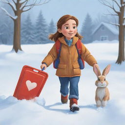 Vector illustration of a helpful girl named Nala, carrying her pet rabbit and a first aid backpack, rushing toward her grandfather Otto, outdoors with a snow shovel, showing signs of a heart attack.