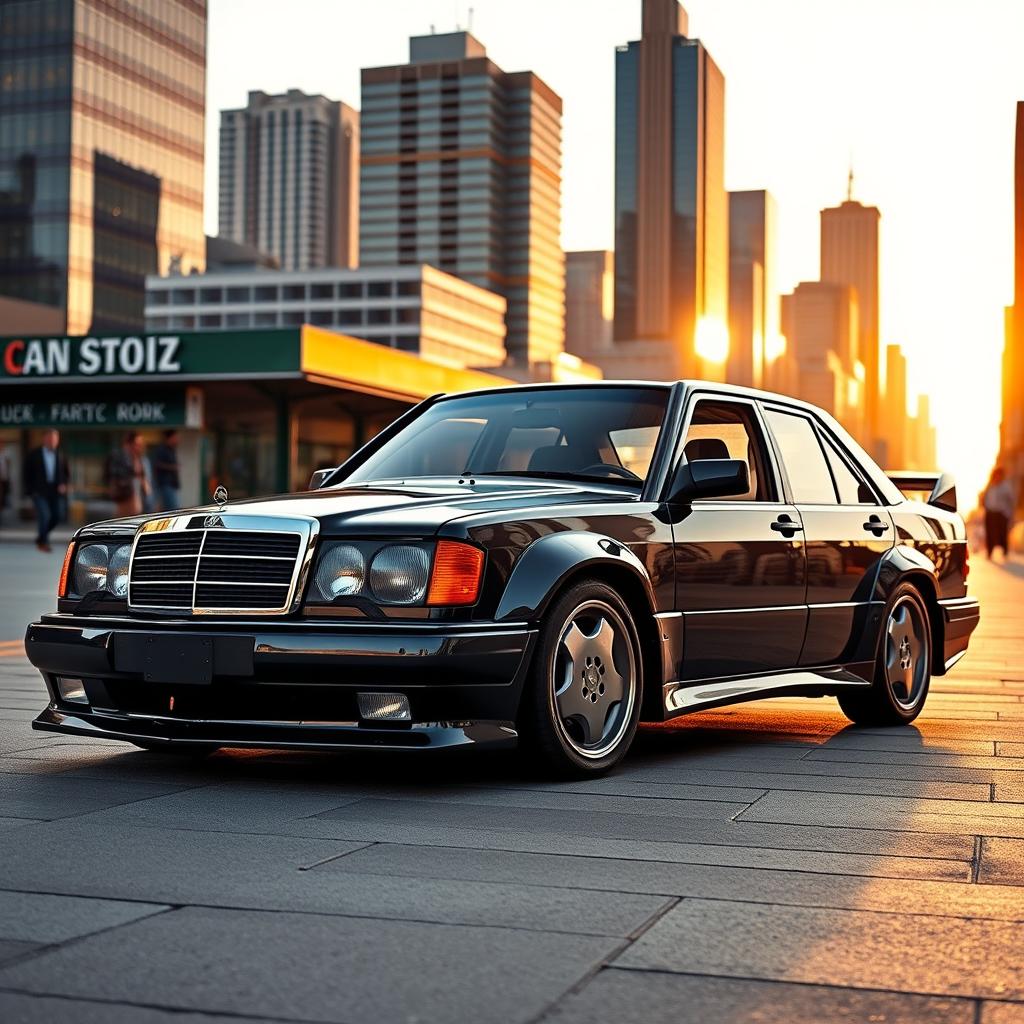 A sleek and powerful Mercedes 190E Cosworth, showcasing its iconic design with a focus on its aerodynamic bodywork, aggressive front grille, and distinctive wheels