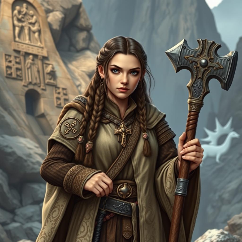 A brunette mountain dwarf cleric, with a sturdy and resilient build, characterized by traditional braided hair