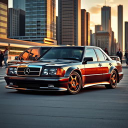 A sleek and powerful Mercedes 190E Cosworth, showcasing its iconic design with a focus on its aerodynamic bodywork, aggressive front grille, and distinctive wheels