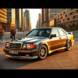 A sleek and powerful Mercedes 190E Cosworth, showcasing its iconic design with a focus on its aerodynamic bodywork, aggressive front grille, and distinctive wheels