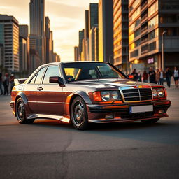 A sleek and powerful Mercedes 190E Cosworth, showcasing its iconic design with a focus on its aerodynamic bodywork, aggressive front grille, and distinctive wheels