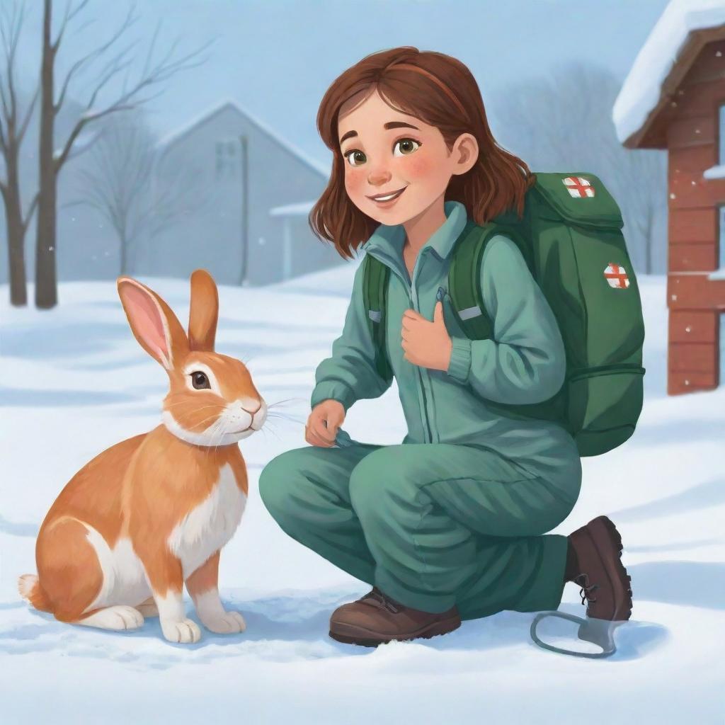 Vector illustration of a compassionate girl named Nala with her pet rabbit and a first aid backpack, visiting her grandfather Otto who is busily working outside with his snow shovel.