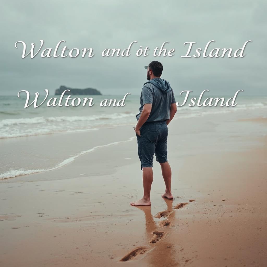 A wet sailor standing on the seashore, gazing intently at a distant island