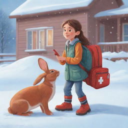 Vector illustration of a compassionate girl named Nala with her pet rabbit and a first aid backpack, visiting her grandfather Otto who is busily working outside with his snow shovel.