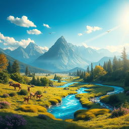 A vibrant, fantastical landscape with majestic mountains in the background, lush greenery in the foreground, and a sparkling blue river winding through the scene