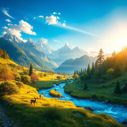 A vibrant, fantastical landscape with majestic mountains in the background, lush greenery in the foreground, and a sparkling blue river winding through the scene