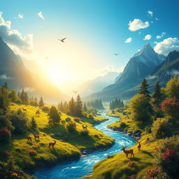 A vibrant, fantastical landscape with majestic mountains in the background, lush greenery in the foreground, and a sparkling blue river winding through the scene