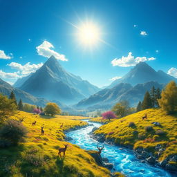 A vibrant, fantastical landscape with majestic mountains in the background, lush greenery in the foreground, and a sparkling blue river winding through the scene