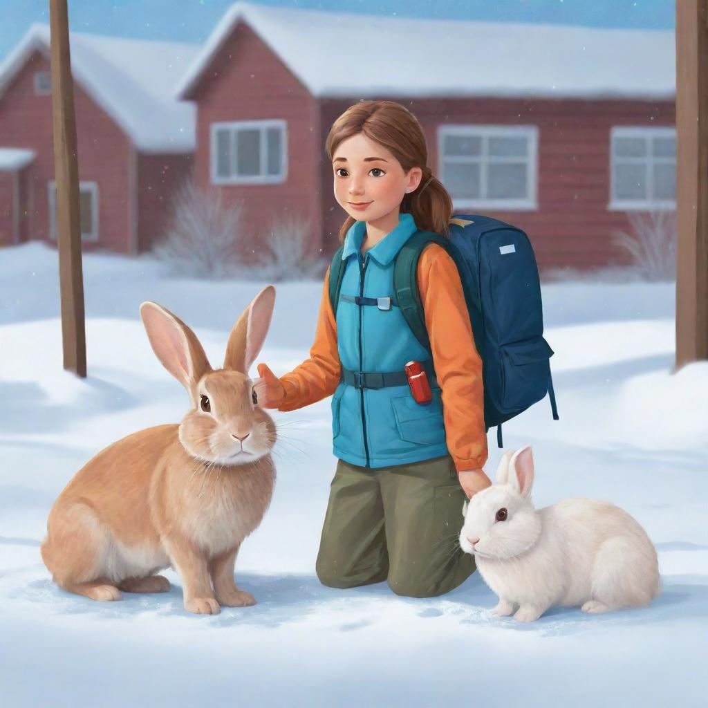 Vector illustration of a compassionate girl named Nala with her pet rabbit and a first aid backpack, visiting her grandfather Otto who is busily working outside with his snow shovel.