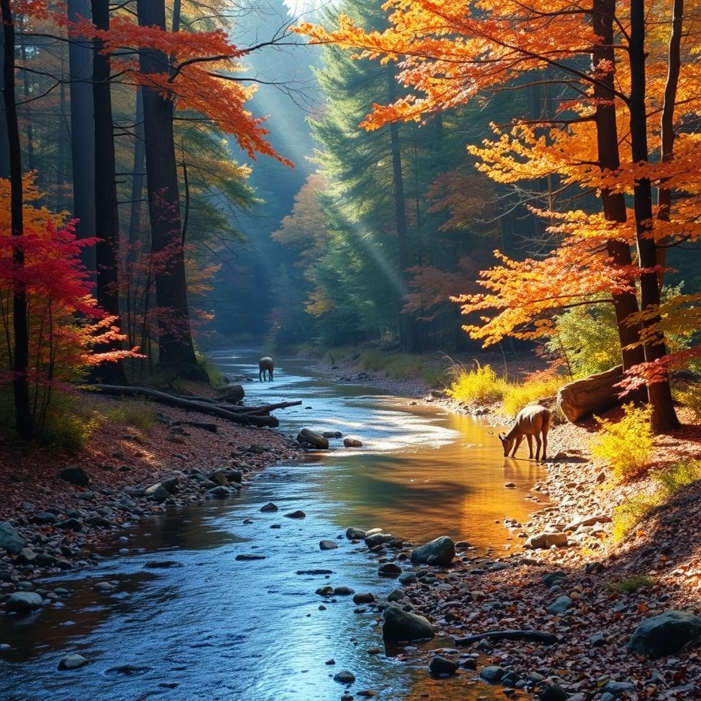 a peaceful forest scene during autumn with vibrant fall colors, a crystal-clear stream flowing through the forest, sunlight filtering through the trees creating a serene atmosphere, a couple of deer grazing near the water's edge