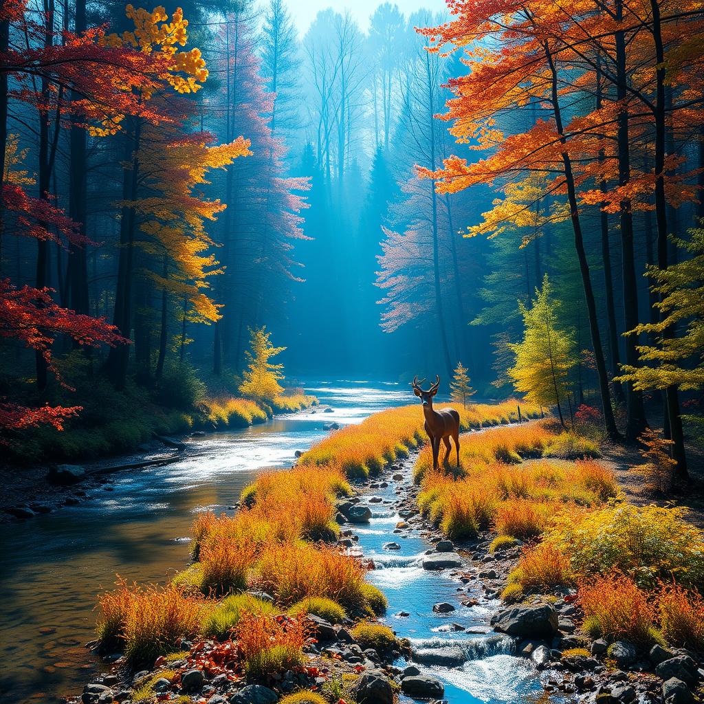 a peaceful forest scene during autumn with vibrant fall colors, a crystal-clear stream flowing through the forest, sunlight filtering through the trees creating a serene atmosphere, a couple of deer grazing near the water's edge