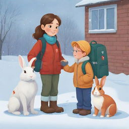 Vector illustration of a compassionate girl named Nala with her pet rabbit and a first aid backpack, visiting her grandfather Otto who is busily working outside with his snow shovel.