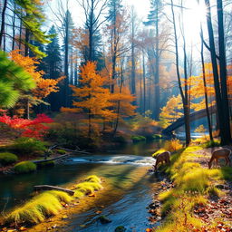 a peaceful forest scene during autumn with vibrant fall colors, a crystal-clear stream flowing through the forest, sunlight filtering through the trees creating a serene atmosphere, a couple of deer grazing near the water's edge