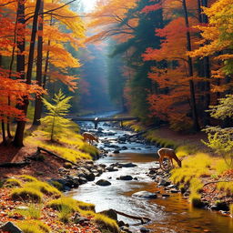 a peaceful forest scene during autumn with vibrant fall colors, a crystal-clear stream flowing through the forest, sunlight filtering through the trees creating a serene atmosphere, a couple of deer grazing near the water's edge