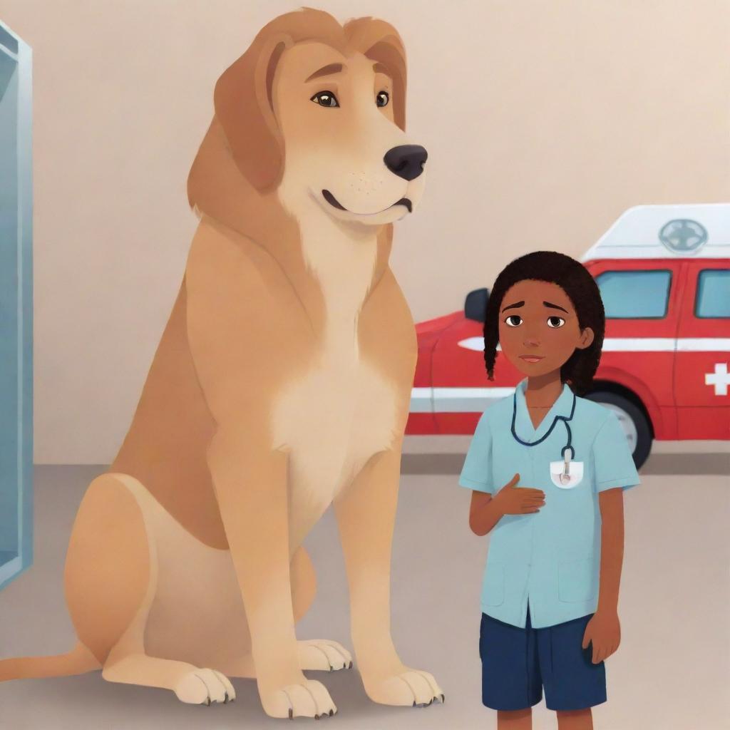 Vector illustration of a clever girl named Nala, recognizing her grandfather Otto's heart attack symptoms. She promptly calls an ambulance while assisting him. Image ending with a proud Nala, realizing she saved Otto's life despite her young age.