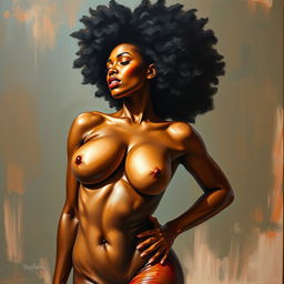 A polished, oil-based painting depicting a full nude body view of a gorgeous black woman with an afro and beautiful breasts in a sensual pose