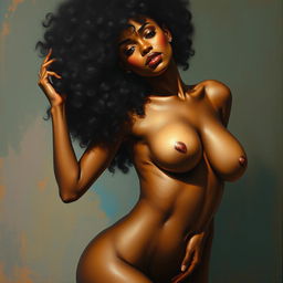 A polished, oil-based painting depicting a full nude body view of a gorgeous black woman with an afro and beautiful breasts in a sensual pose