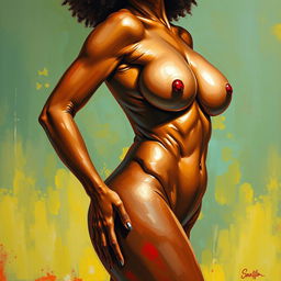 A polished, oil-based painting depicting a full nude body view of a gorgeous black woman with an afro and beautiful breasts in a sensual pose