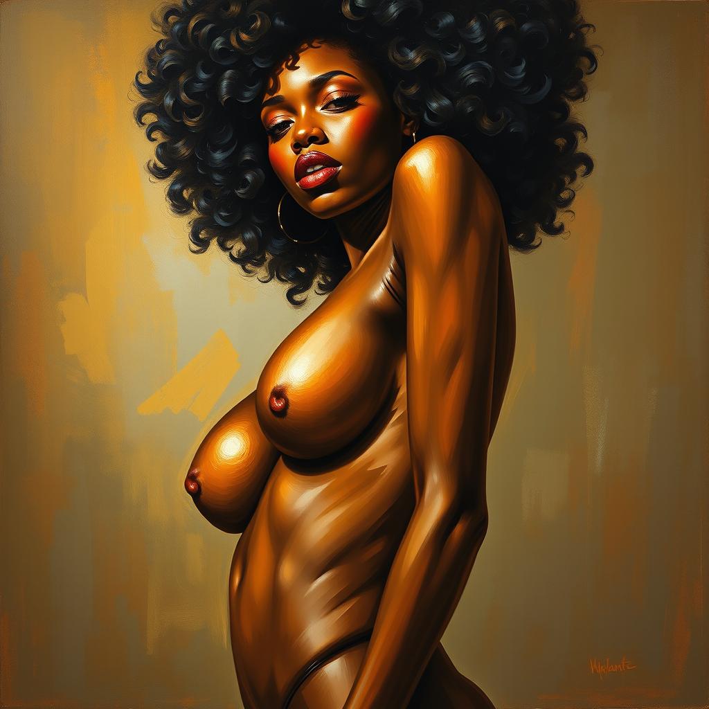 A polished, oil-based painting depicting a full nude body view of a gorgeous black woman with an afro and beautiful breasts in a sensual pose