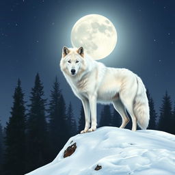 A solitary white wolf standing majestically atop a snow-covered hill under a full moon